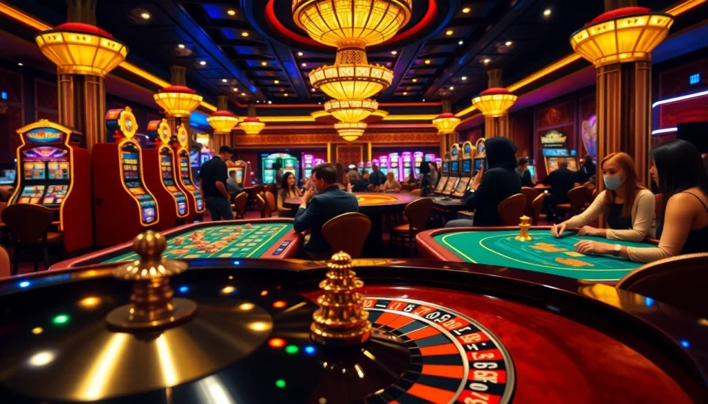 Engaging players at Haywin chính thức immerse into a vibrant casino experience with glowing slot machines and thrilling poker tables.