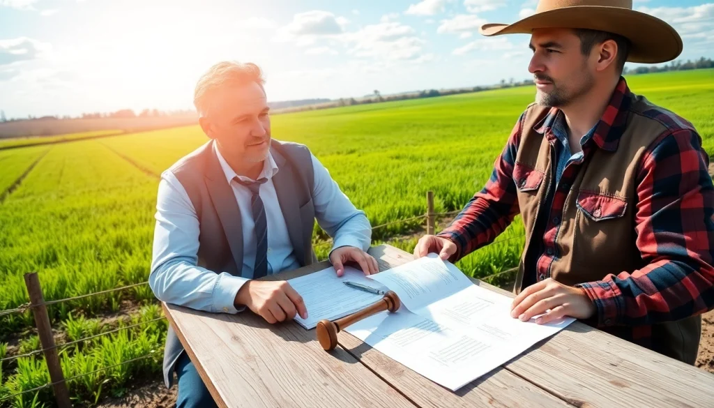 Agriculture lawyer consulting with a farmer on legal issues in a rural setting.