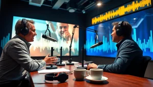 WRNJ Radio host conducting an interview in a dynamic studio, showcasing vibrant energy.