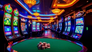 Exciting gambling scene showcasing slot deposit pulsa machines filled with vibrant lights and players enjoying their games.