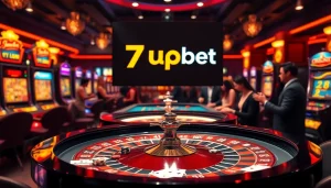 Experience high-stakes gambling action at 7upbet with a vibrant casino scene featuring roulette and poker.
