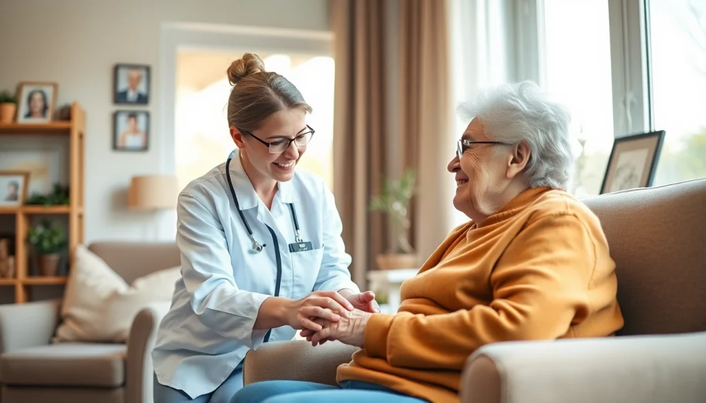 Providing senior care austin tx with a compassionate caregiver assisting an elderly person in a warm home environment.