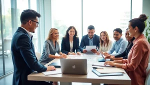 Engaged professionals collaborating on workforce development strategies in a bright office.
