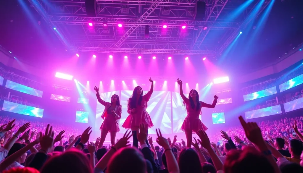 Engaging BLACKPINK news scene showcasing the K-pop group performing live on stage with vibrant lights.