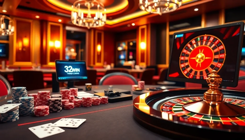 High-stakes gaming scene on Trang chủ 32WIN showcasing poker, roulette, and online gambling interface.