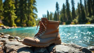Fly fishing boots showcased on a rocky riverbank with a beautiful river backdrop.