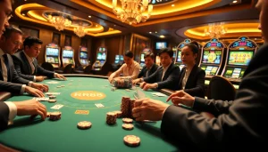 Excited players engaging at the RR88 casino gaming table, surrounded by colorful slot machines.