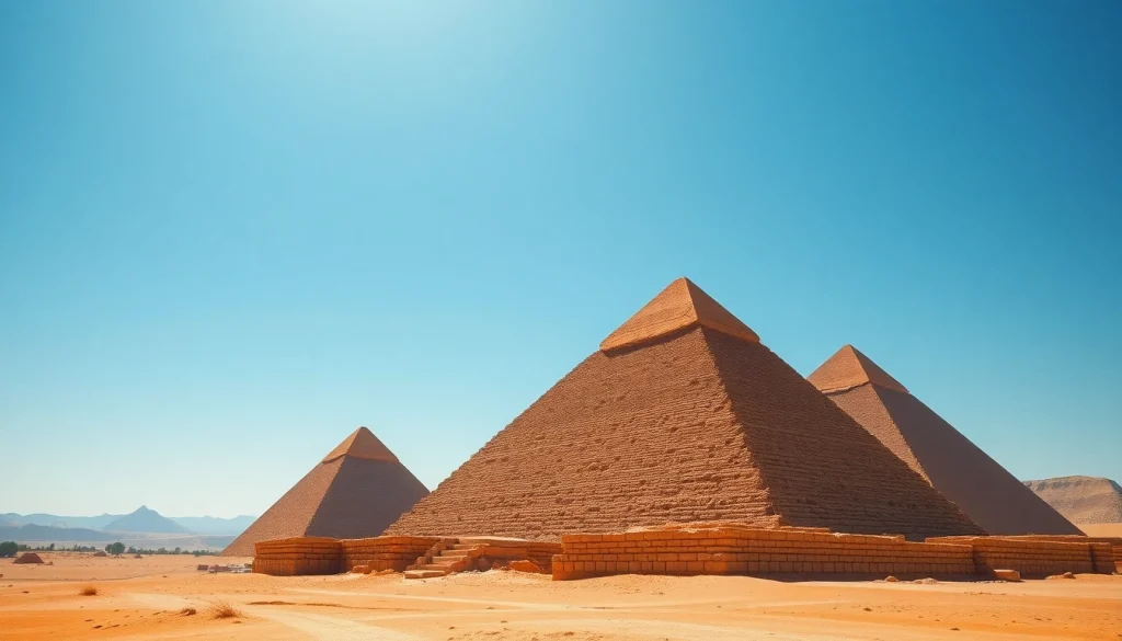 View of piraminds under a clear sky, showcasing ancient Egyptian architecture and desert landscape.