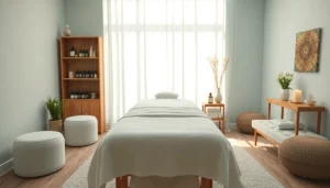 차분한 분위기와 에센셜 오일이 갖춰진 출장마사지용 편안한 마사지 치료실