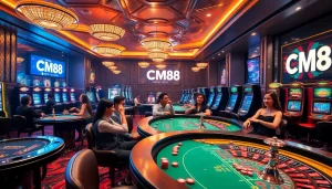 Engage with CM88 excitement at a luxury casino with vibrant gaming tables.