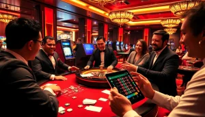 Spectacular casino scene with sbobet login terbaru highlighted on a tablet amidst a thrilling gaming atmosphere.
