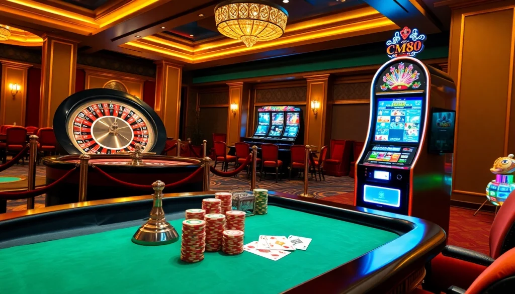 Experience thrilling gameplay at cm88's luxurious casino with vibrant roulette and poker tables.