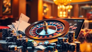 Vivez l'excitation du meilleur casino en ligne à une table de roulette vibrante avec des jetons et des cartes.