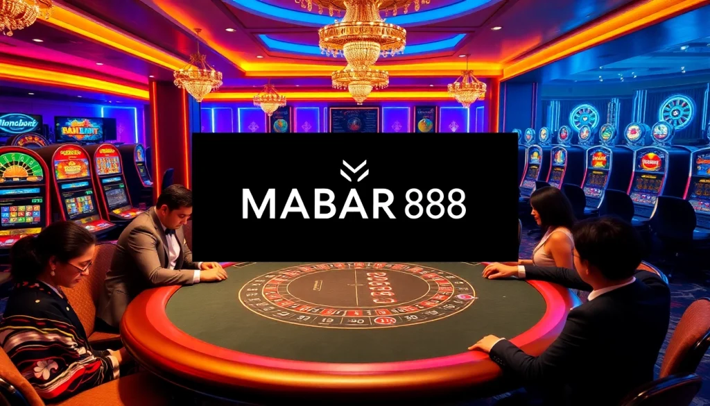 Sebuah adegan kasino yang memukau dengan logo MABAR88, menampilkan mesin slot berwarna cerah dan permainan poker taruhan tinggi.