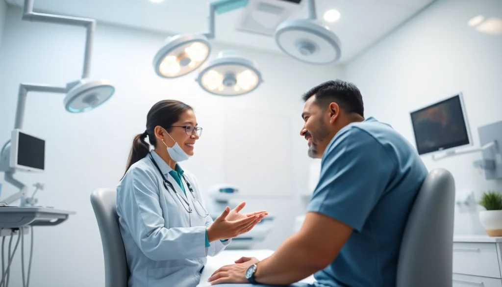 現代的な医療環境の包茎クリニックのおすすめ。清潔な診察室で専門家が患者と対話する様子。