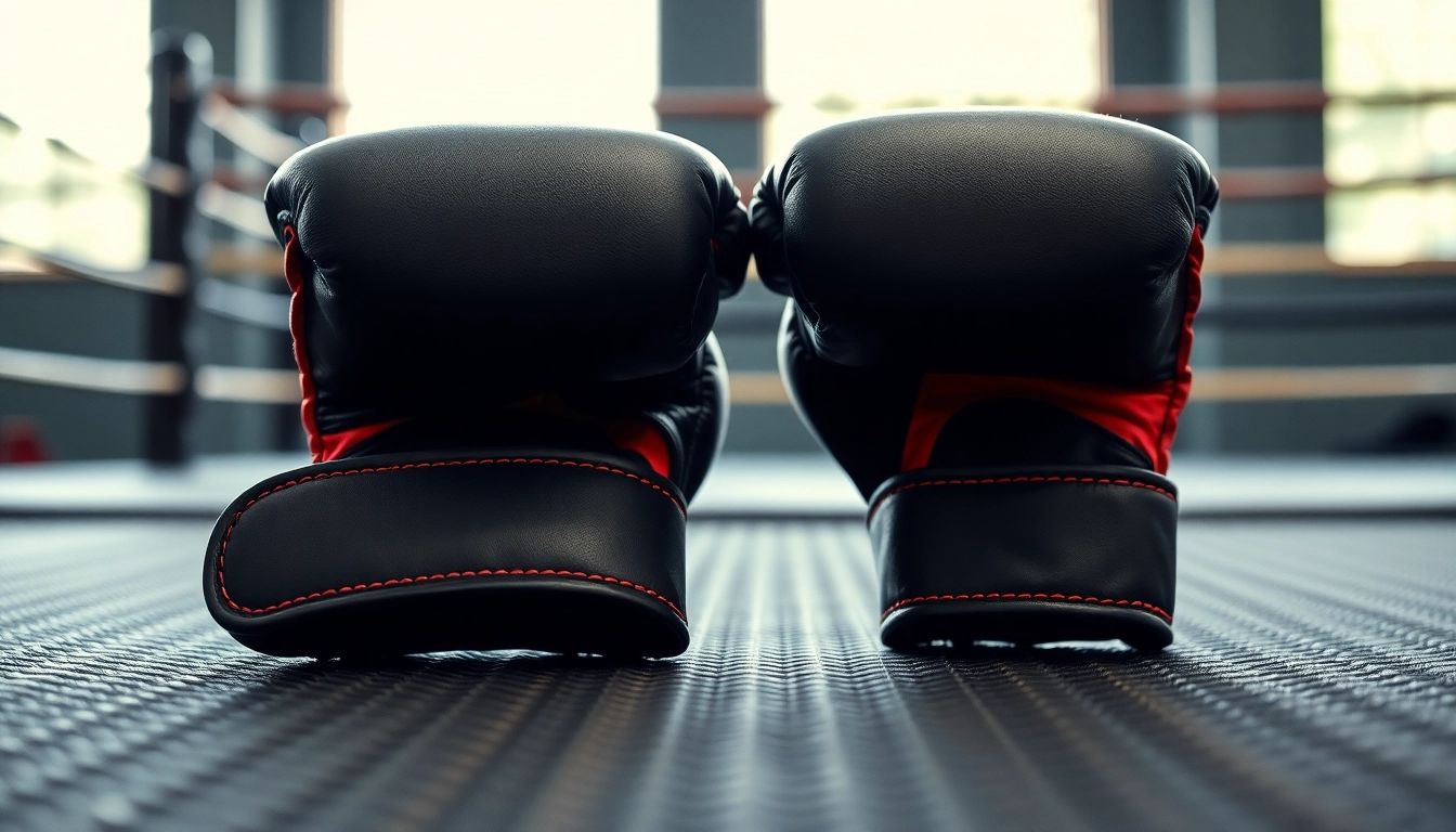 Professionelle MMA gloves auf einem Trainingsmatte zeigen ihre Polsterung und Grifffähigkeit.