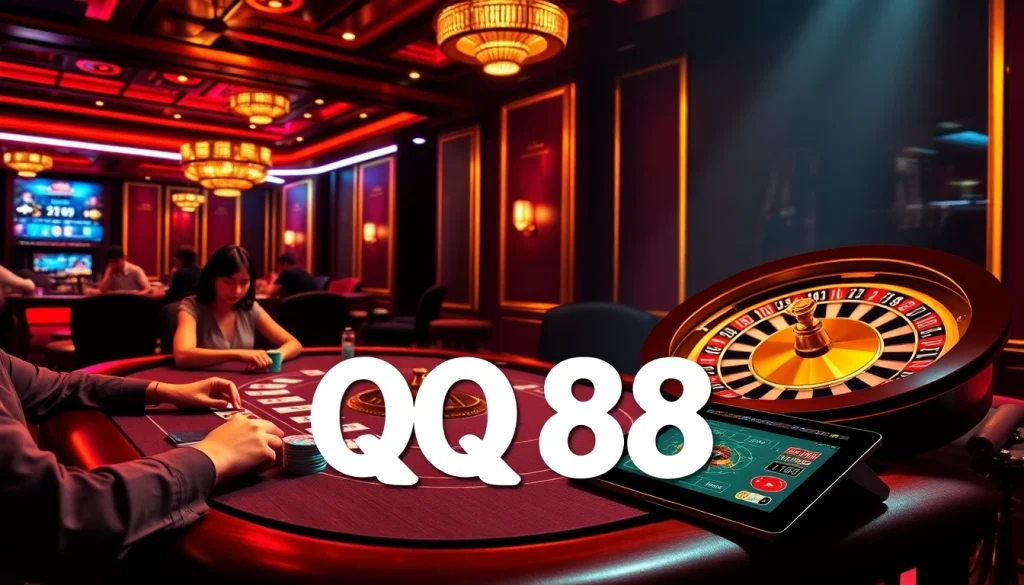 Experience the thrill of QQ 88 with players at an elegant casino table, vibrant chips, and a roulette wheel.