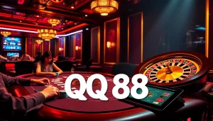 Experience the thrill of QQ 88 with players at an elegant casino table, vibrant chips, and a roulette wheel.