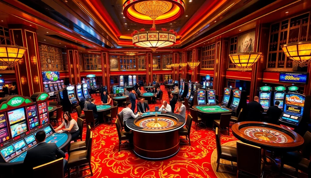 Players celebrating a win at 888new casino, surrounded by elegant gaming tables and vibrant slot machines.