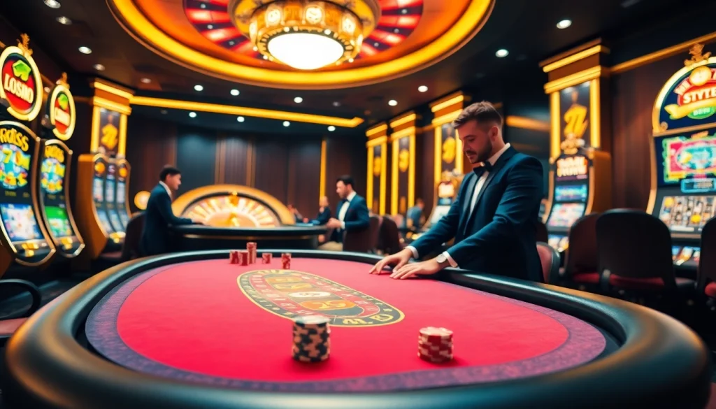 rr88 playing poker at a luxurious casino table with vibrant slot machines