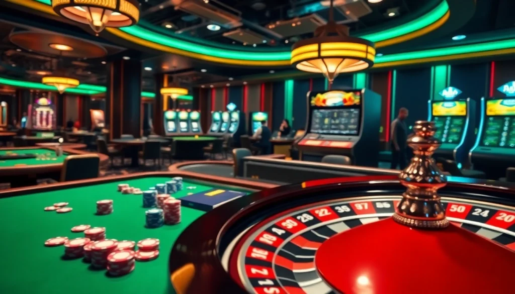 Engaging gamers at shbet in a vibrant casino setting with roulette, poker, and slot machines.