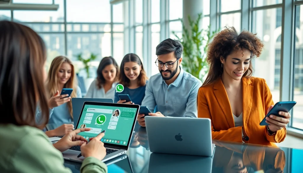 Engaging professionals using WhatsApp Web for seamless communication in a bright office setting.