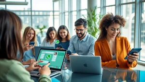 Engaging professionals using WhatsApp Web for seamless communication in a bright office setting.