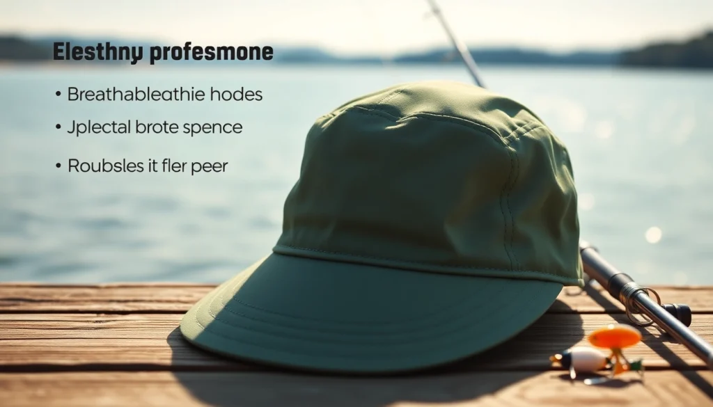 See a stylish fly fishing hat emphasizing sun protection and breathable materials by a lake.
