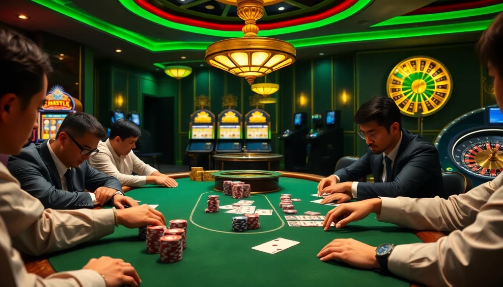 Engage in a thrilling IDN Poker game at an elegant casino, showcasing colorful chips and a dynamic atmosphere.