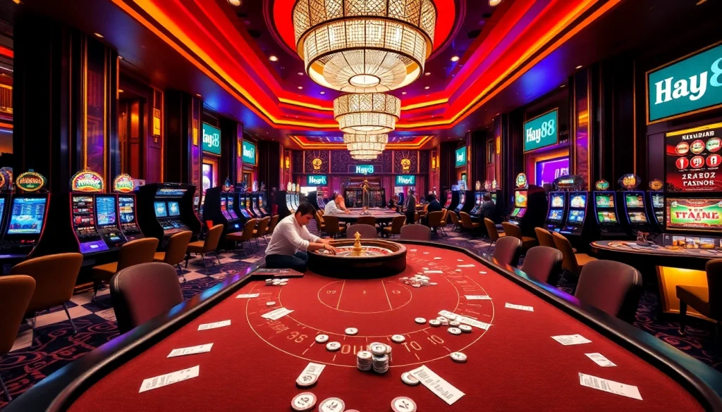 Engage in thrilling gameplay at Hay88 casino, showcasing vibrant tables and dynamic gaming action.