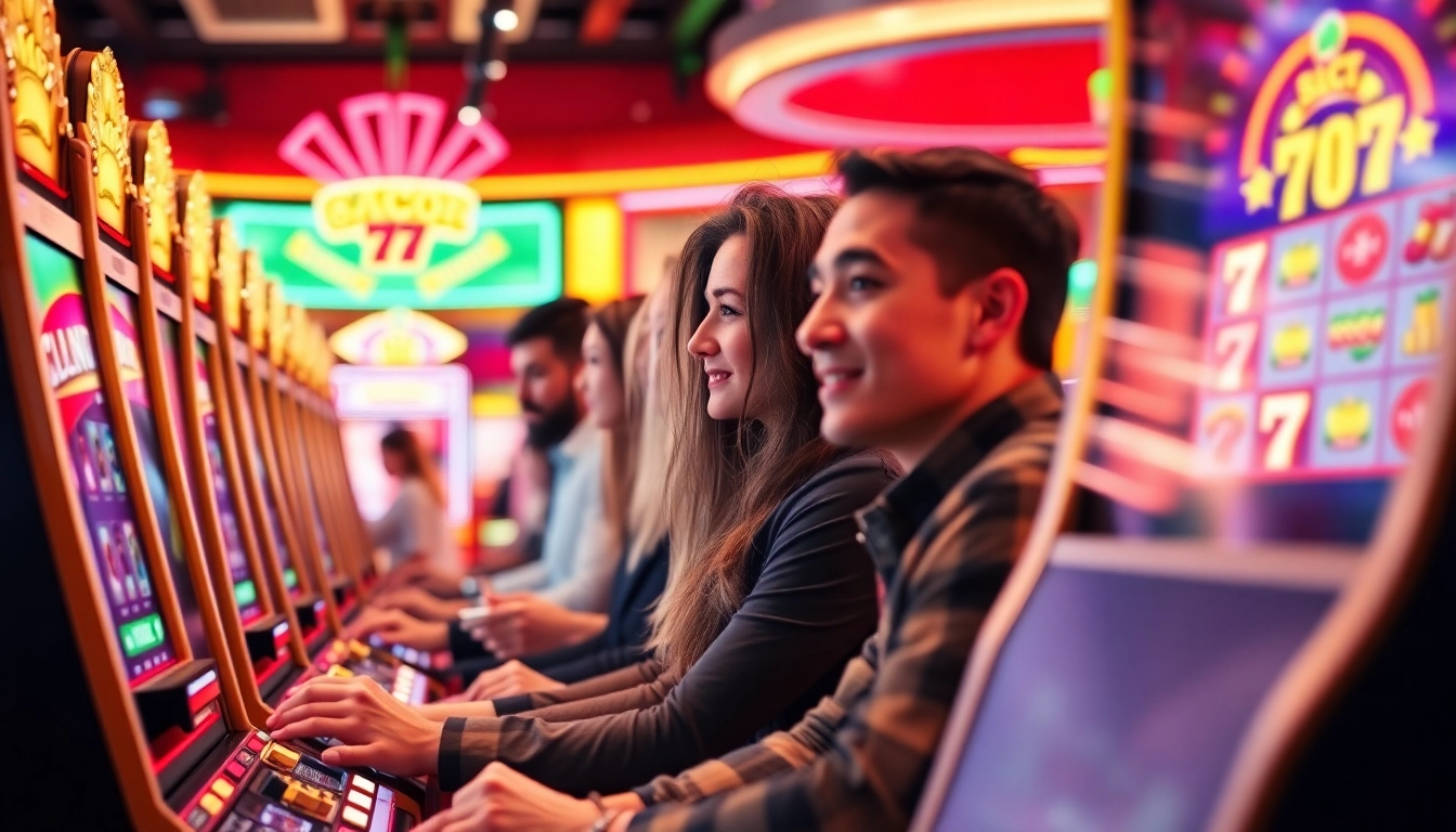 Engaged players enjoying slot gacor 777 machines in a luxurious casino ambiance.