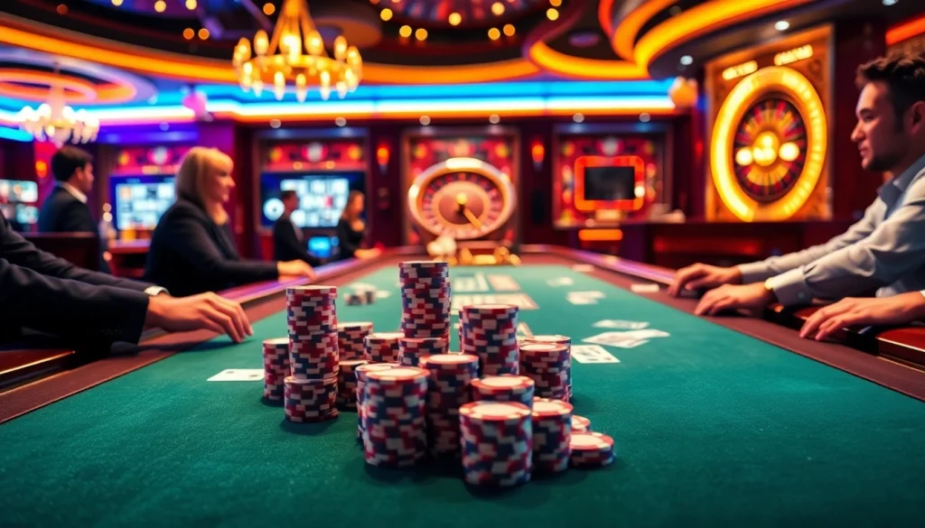 Jeu palpitant au meilleur casino en ligne avec des joueurs profitant du poker sous des lumières glamours.