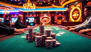 Jeu palpitant au meilleur casino en ligne avec des joueurs profitant du poker sous des lumières glamours.