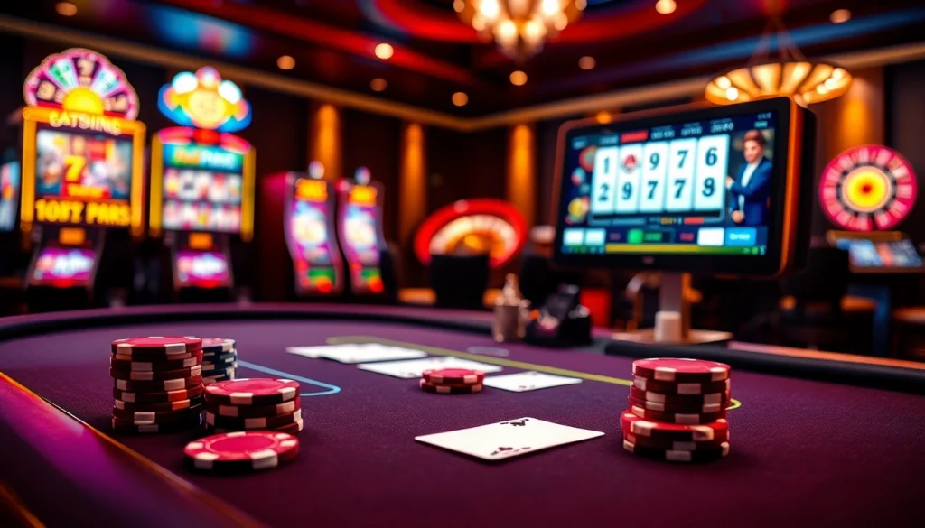 Penggambaran menarik dari daftar IDN poker dengan meja poker profesional dan elemen kasino yang berwarna-warni.