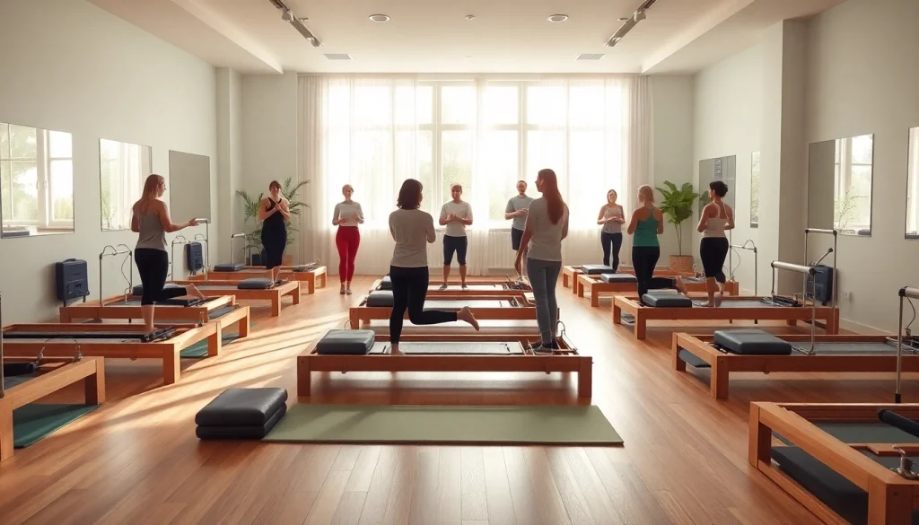 明るく居心地の良いスタジオで、多様な人々が一緒にピラティスを練習している様子。