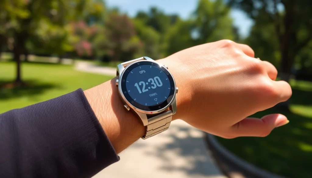 Showcasing the Explorer Plus GPS Smart Watch on a wrist in a vibrant outdoor setting.