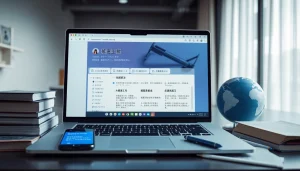 Visual representation of a modern translation workspace showcasing 有道翻译 on a laptop, promoting professional language services.