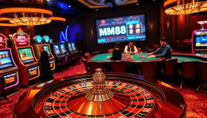 Experience the excitement of online gambling at https://mm88.br.com/ with luxury casino elements showcasing roulette and poker tables.