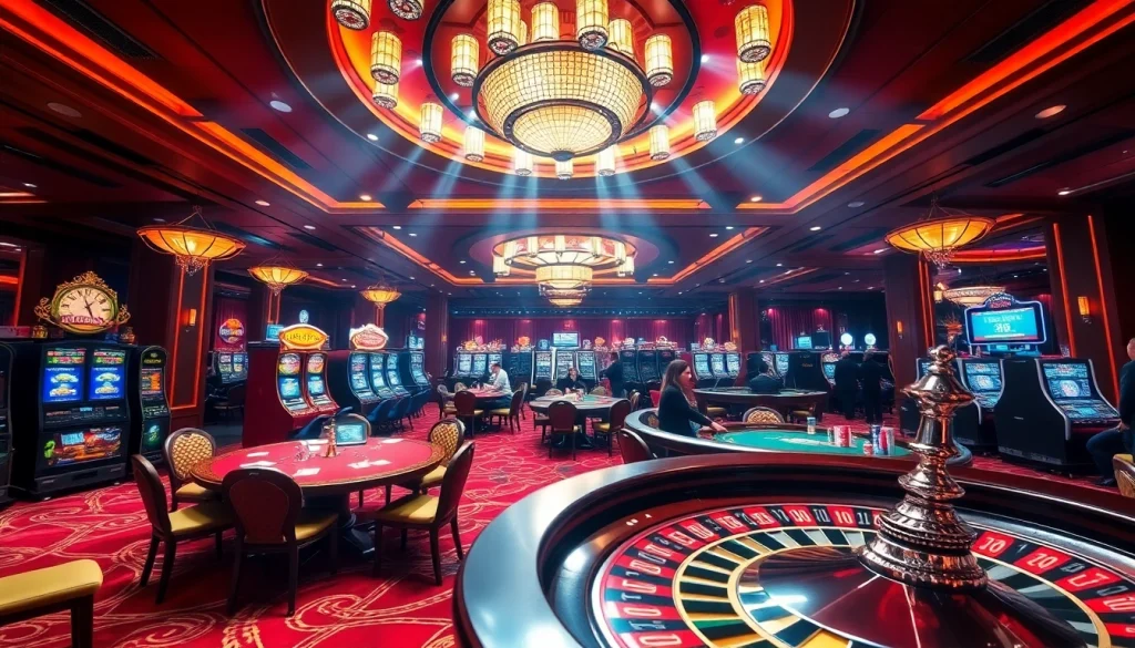 A dynamic casino scene at jun88.com with excited players at poker tables and vibrant slot machines.