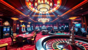 A dynamic casino scene at jun88.com with excited players at poker tables and vibrant slot machines.