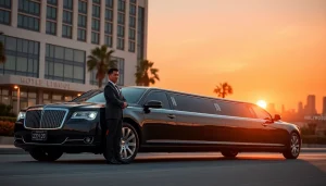Luxury Los Angeles Limo service with professional chauffeur at sunset.