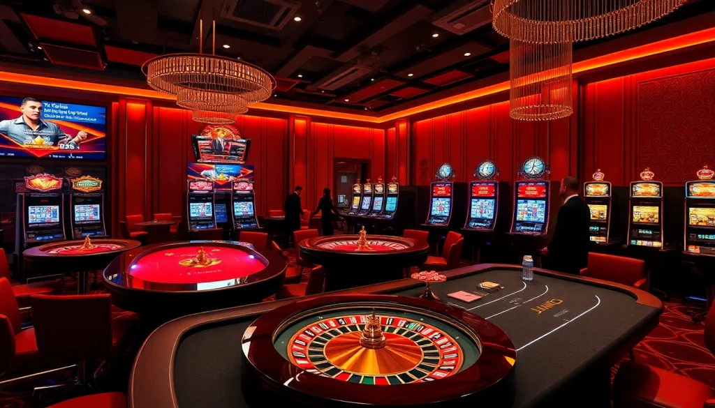 Experience live gaming at jun88.com with poker chips and roulette in an upscale casino setting.