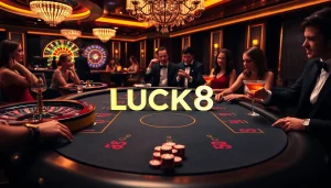 LUCK8 vibrant casino scene showcasing poker tables and gambling excitement with luxury details.