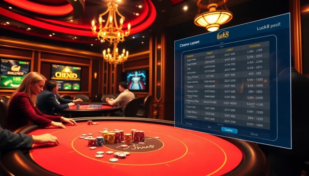 Immersive gameplay at Luck8 casino with vibrant poker tables and roulette wheels.