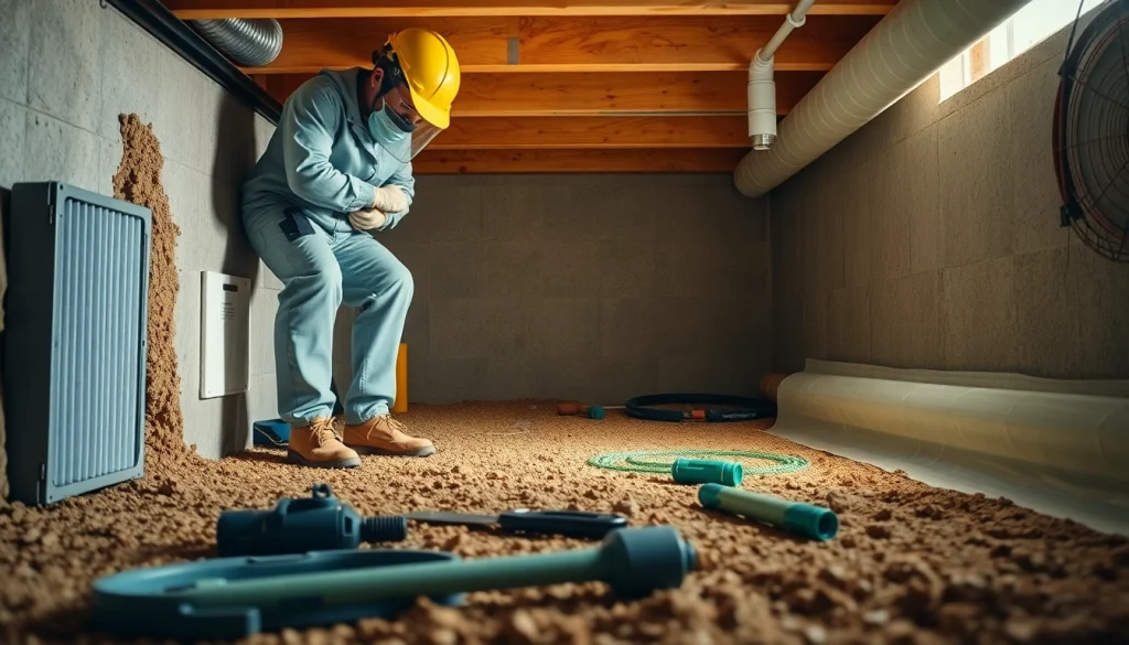 Crawl Space Restoration process highlighting a technician inspecting a clean, bright area with modern tools.