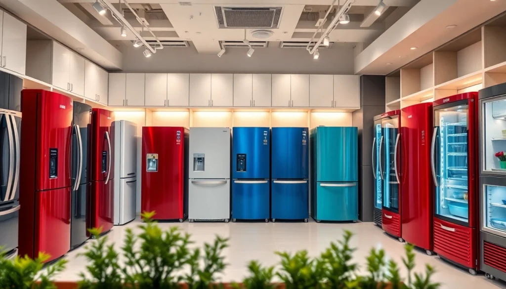 Browse refrigerator sales with diverse models in a modern showroom setting.