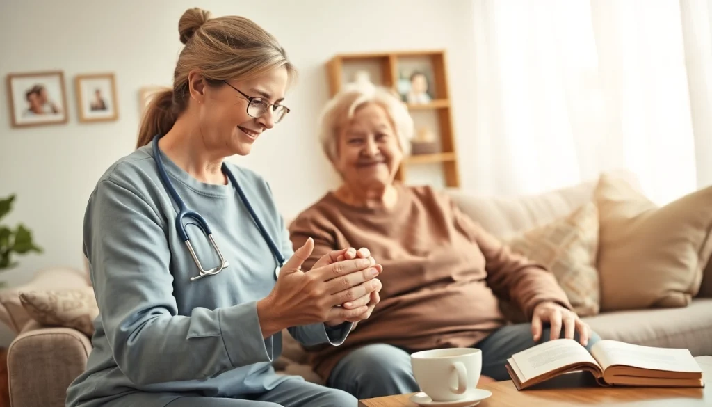 Caring interaction in at home senior care, showcasing compassion between a caregiver and elderly client.