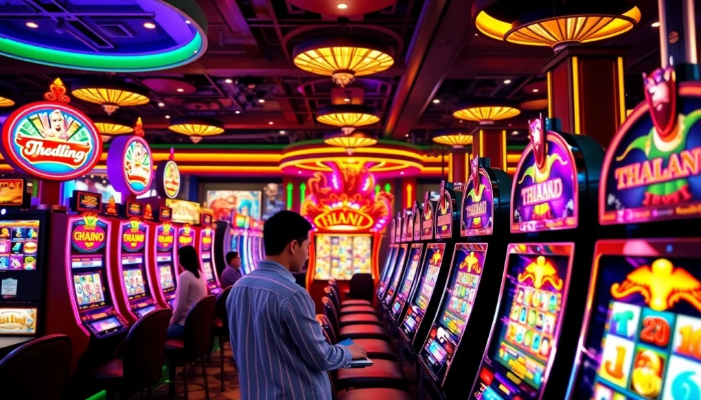 Rasakan aksi permainan Slot Thailand yang mendebarkan dalam suasana kasino mewah dengan mesin berwarna-warni.