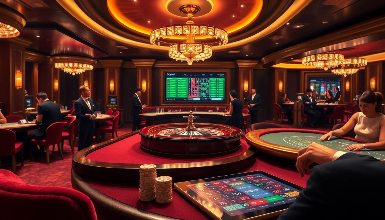 L'intérieur vibrant d'un meilleur casino en ligne avec une roue de roulette et des joueurs à des tables de poker.