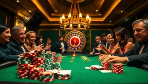 Engaging in a high-stakes game at KJ C's luxurious poker table in a vibrant casino atmosphere.